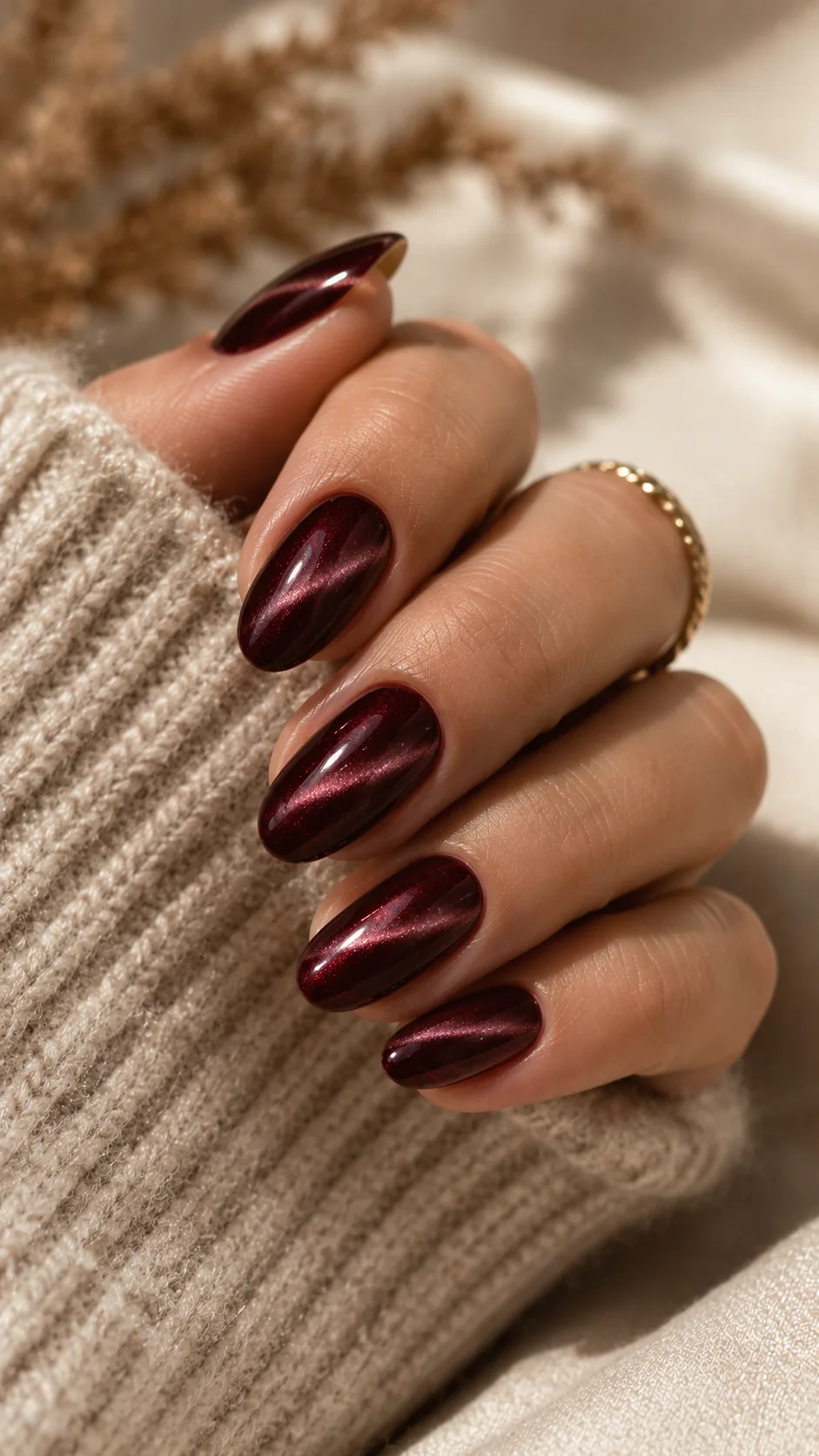 Ongles bordeaux brillants pour un look glamour