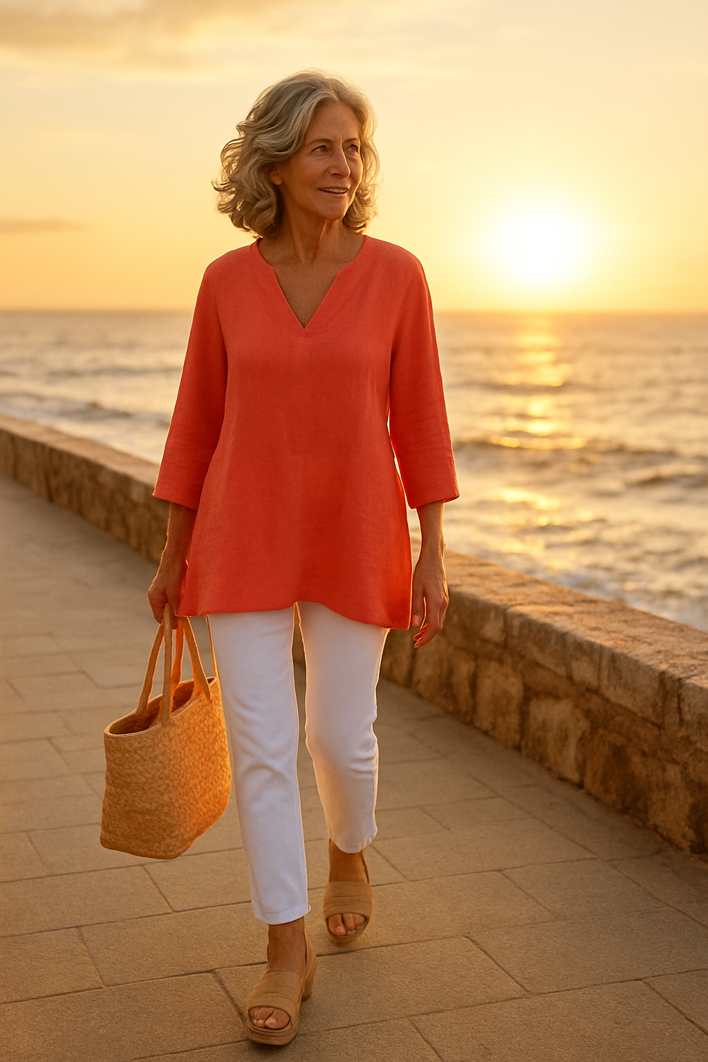 Tunique orange corail et pantalon blanc pour look estival