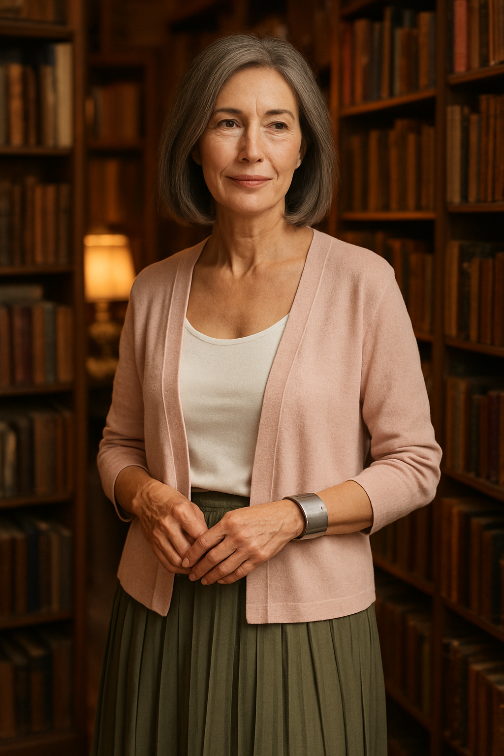 Look bibliothèque avec cardigan rose et jupe plissée