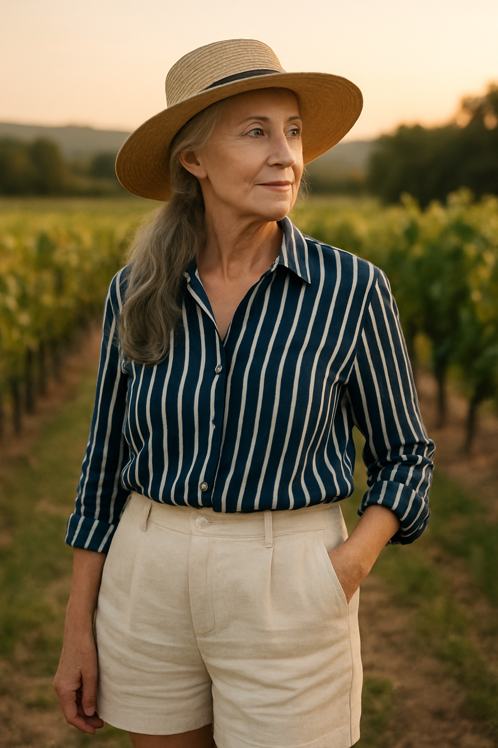 Look vignoble avec chemise rayée et chapeau de paille