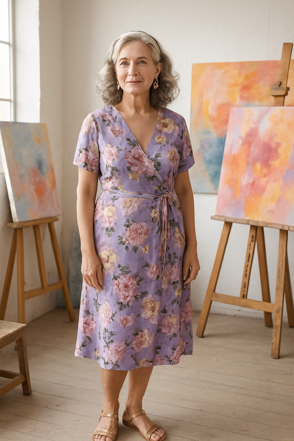 Robe portefeuille florale dans atelier d'artiste