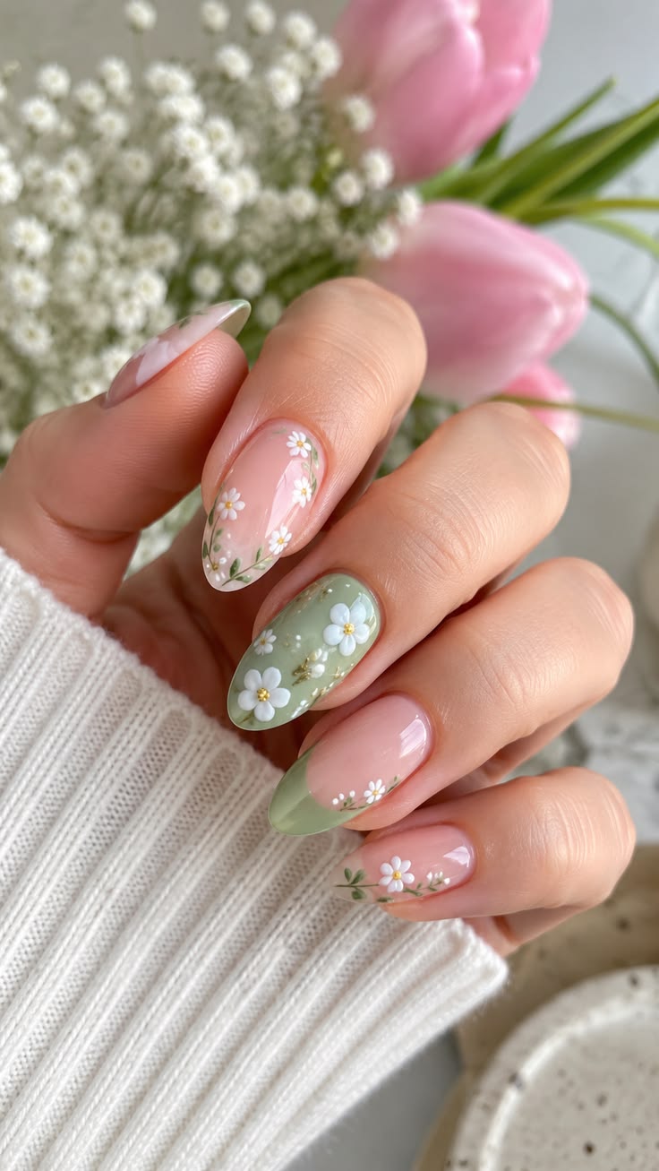 Manucure lilas pastel with motifs floraux blancs discrets