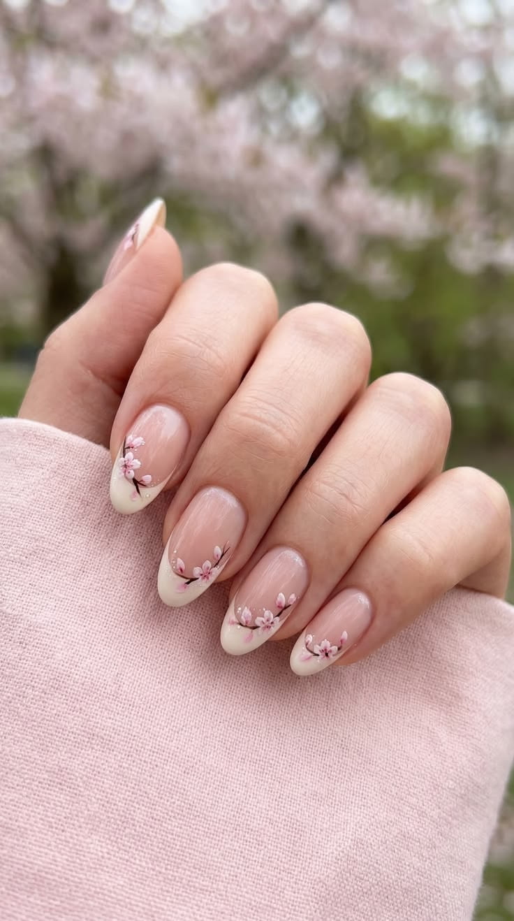 Ongles pastel corail avec petits motifs floraux discrets blancs