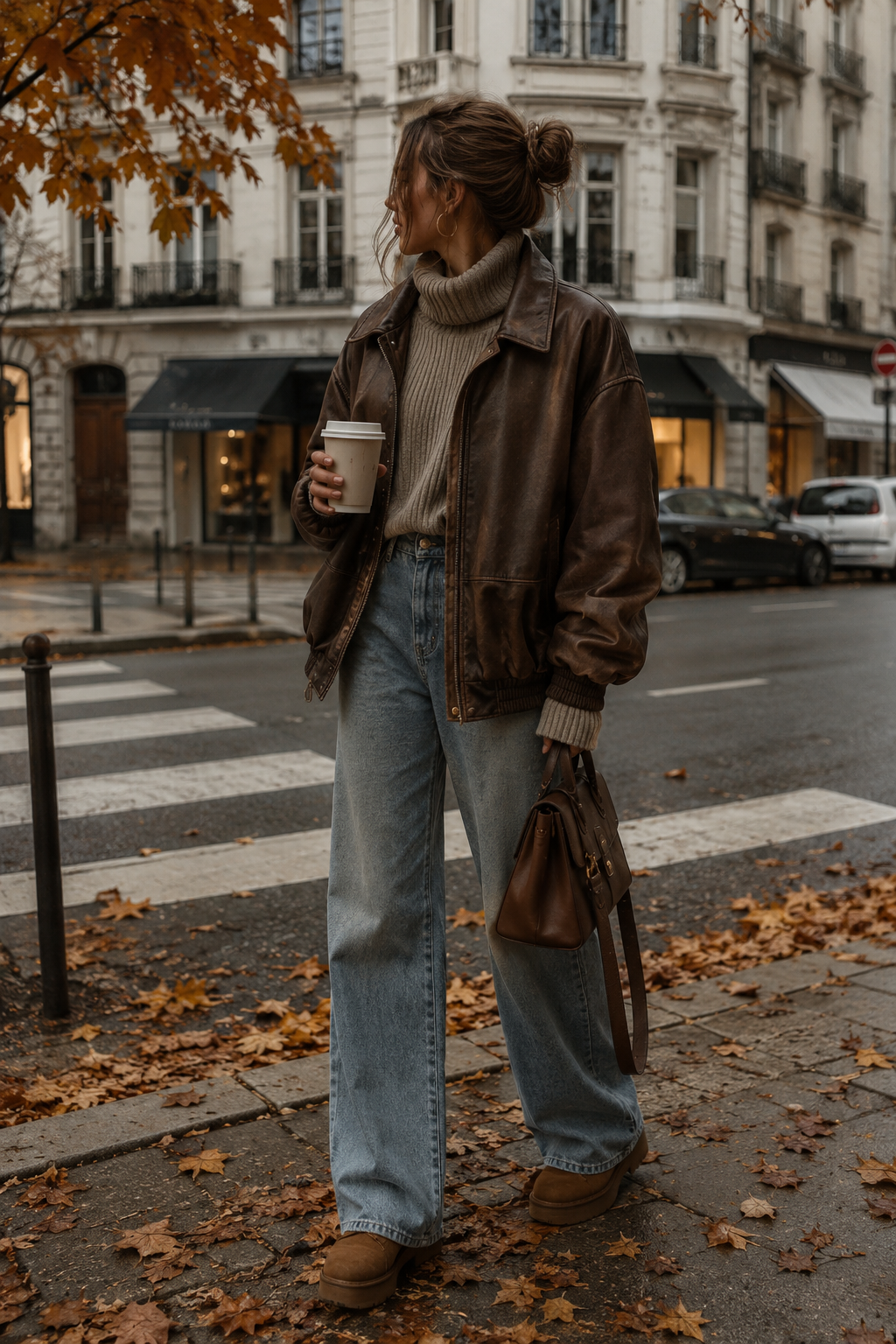 Look d’automne avec veste en cuir et détails mode