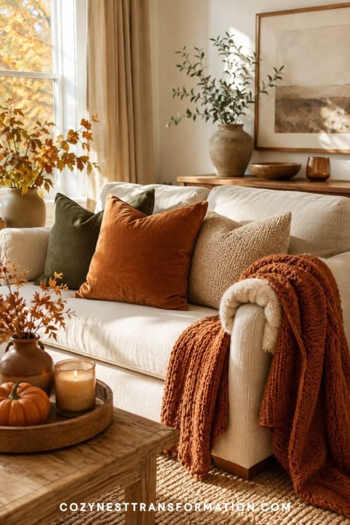 Salon cosy avec plaids tricotés et citrouilles blanches