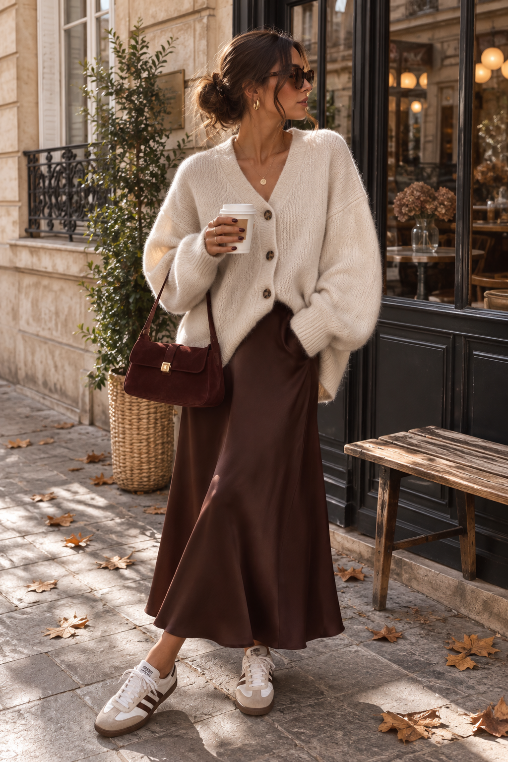 Tenue parisienne chic avec cardigan crème et sac bordeaux