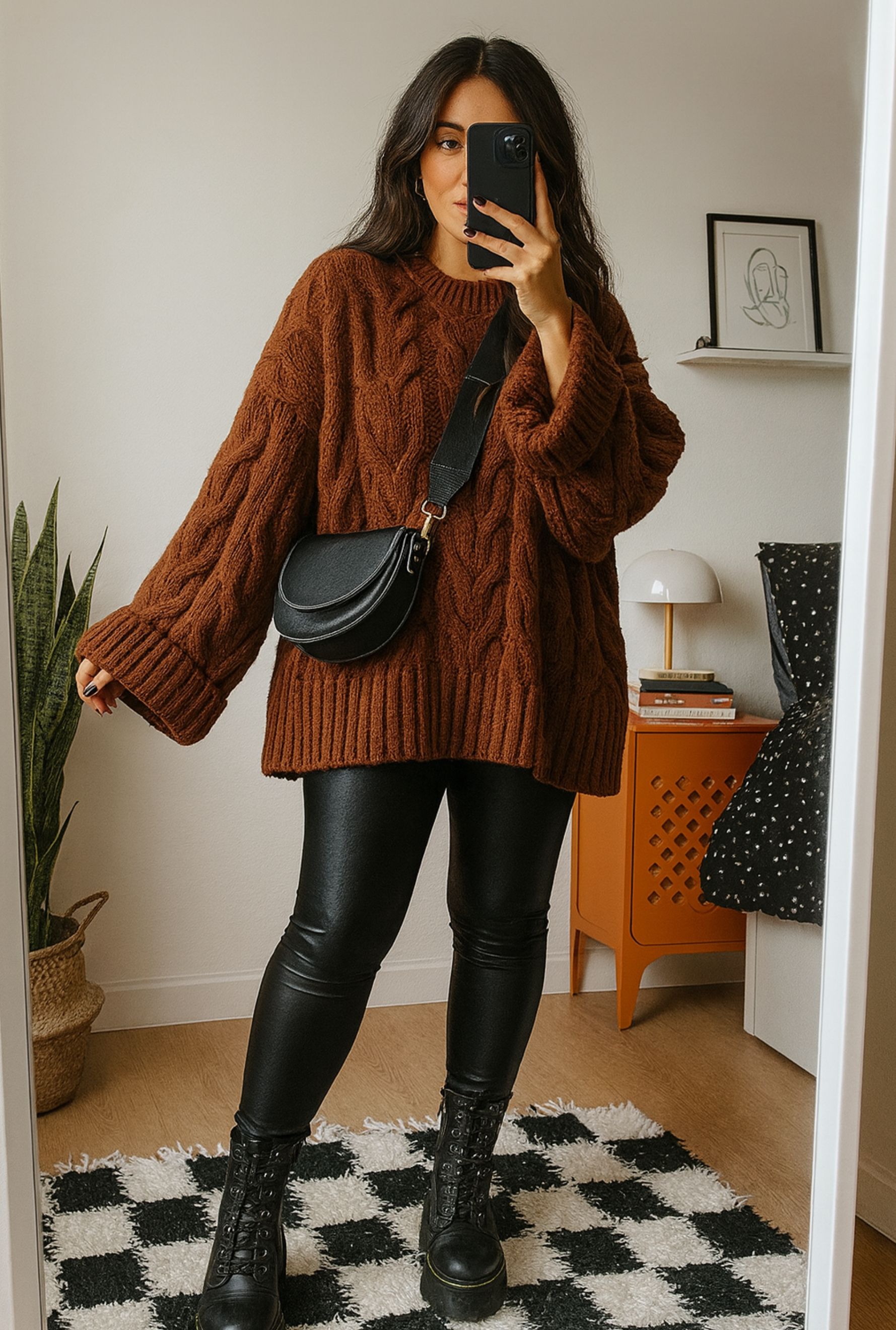Cardigan bordeaux avec pantalon large gris