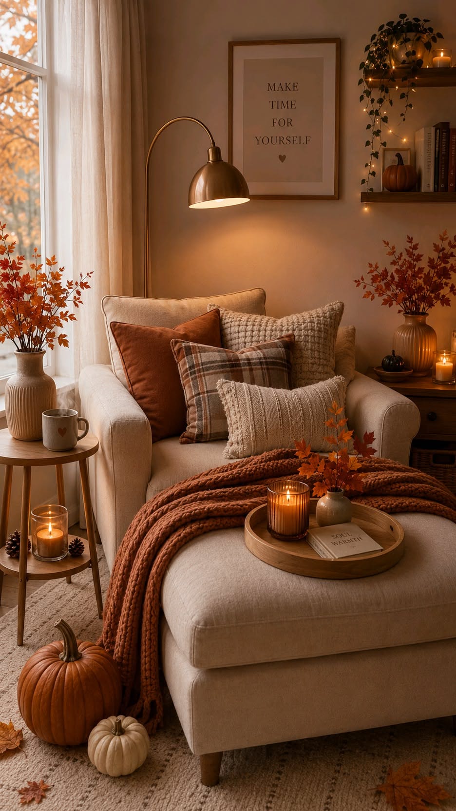 Salon avec plaids épais et citrouilles décoratives
