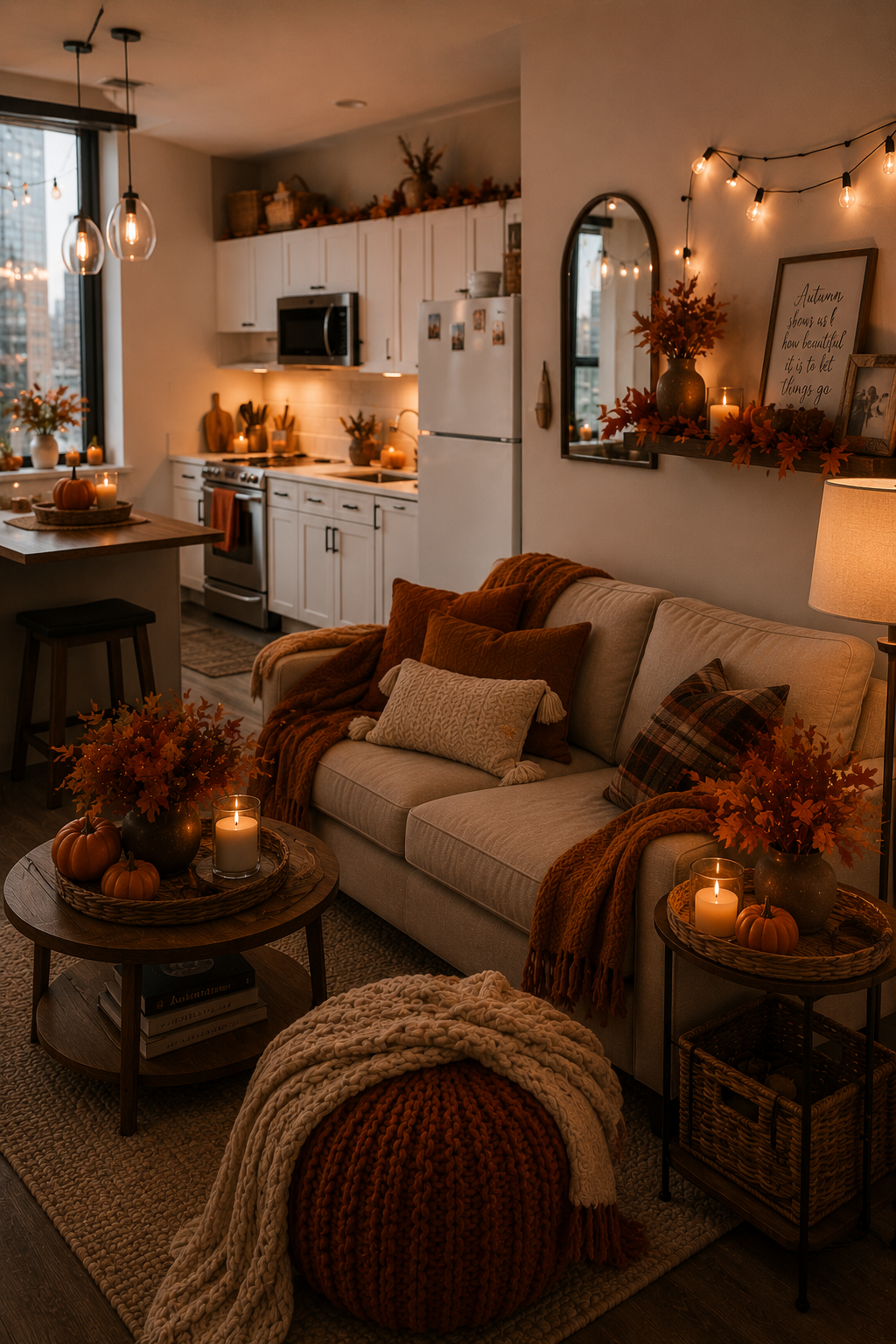 Espace réduit décoré avec accents de saison chaleureux