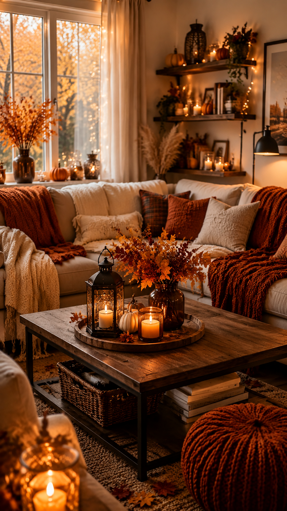 Salon avec plaids, bougies et accents naturels d’automne