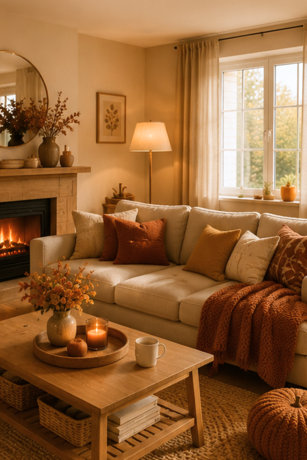 Canapé beige avec coussins terracotta et plaid texturé