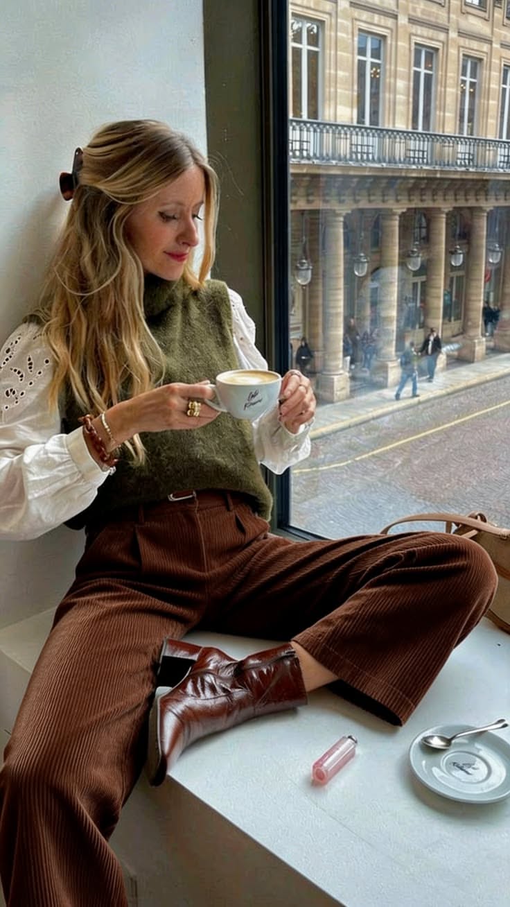 Look automnal avec cardigan oversize et jupe chocolat