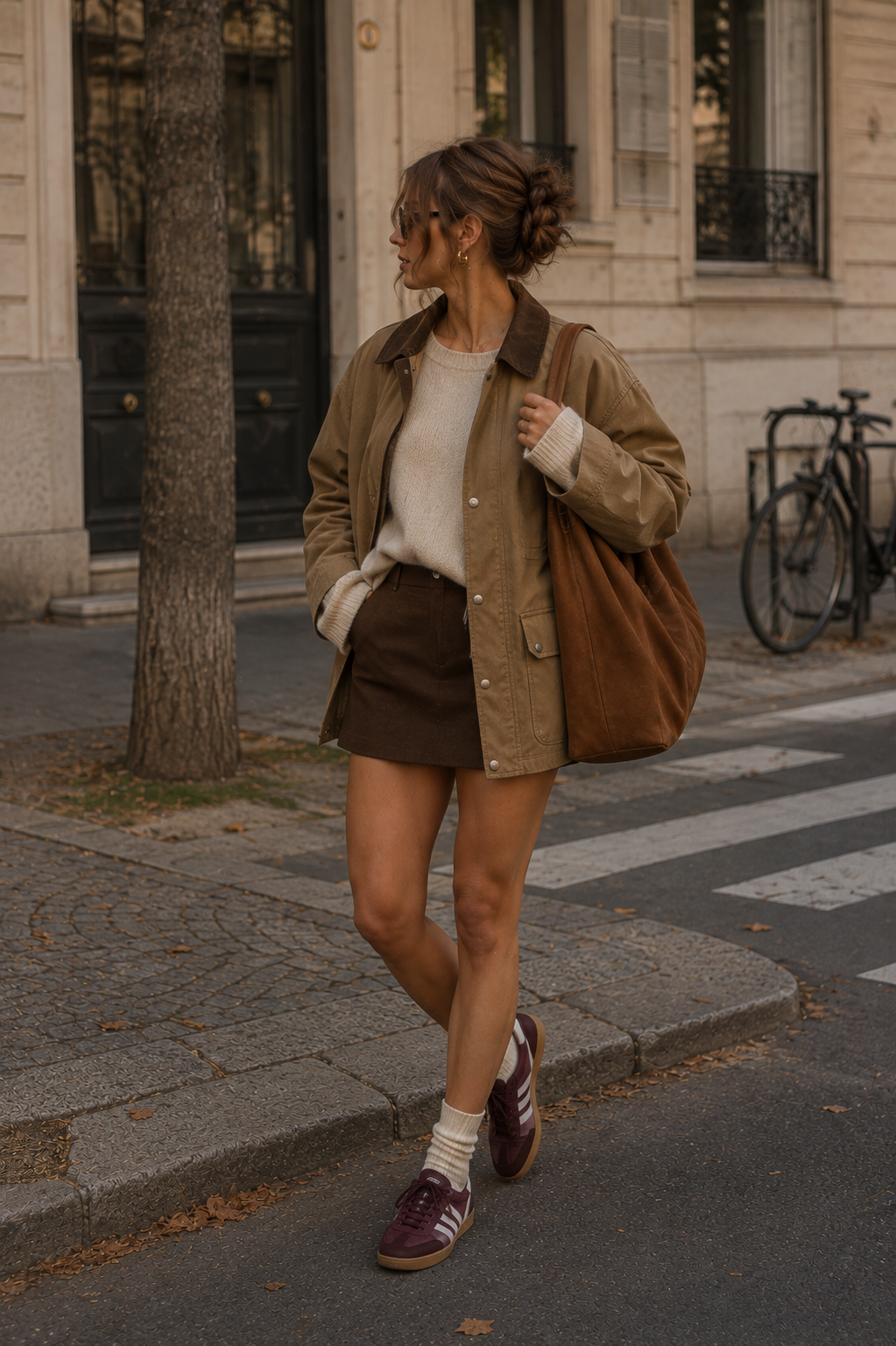 Tenue décontractée avec barn jacket taupe et pull bordeaux.