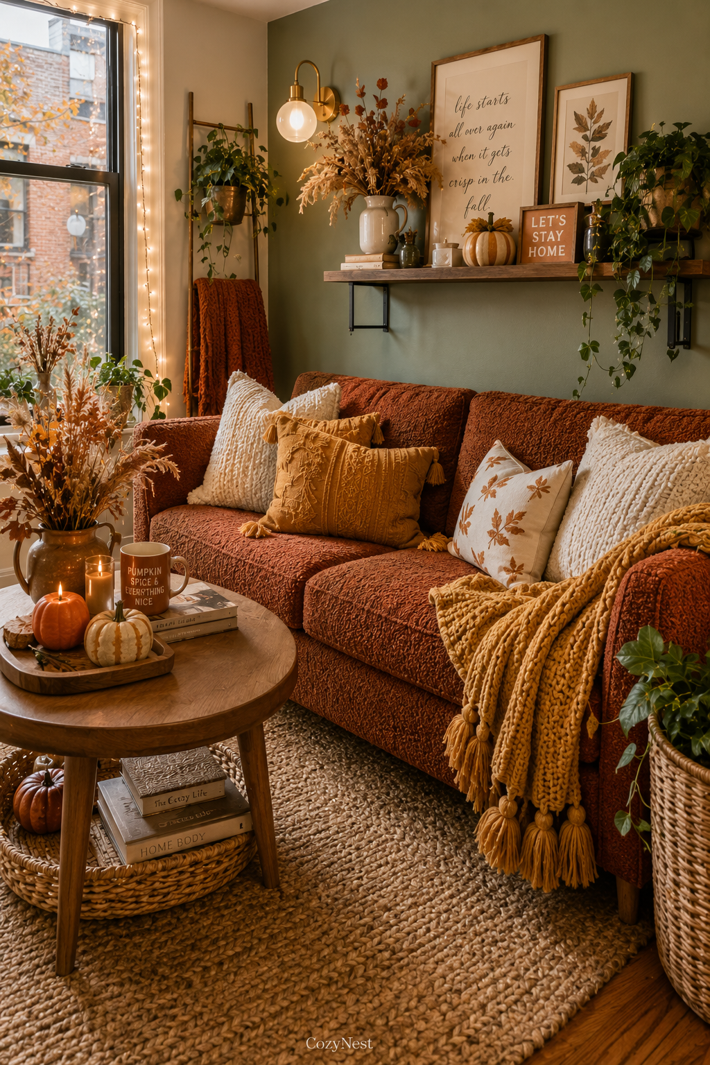 Salon avec bougies, plaids et accents boisés